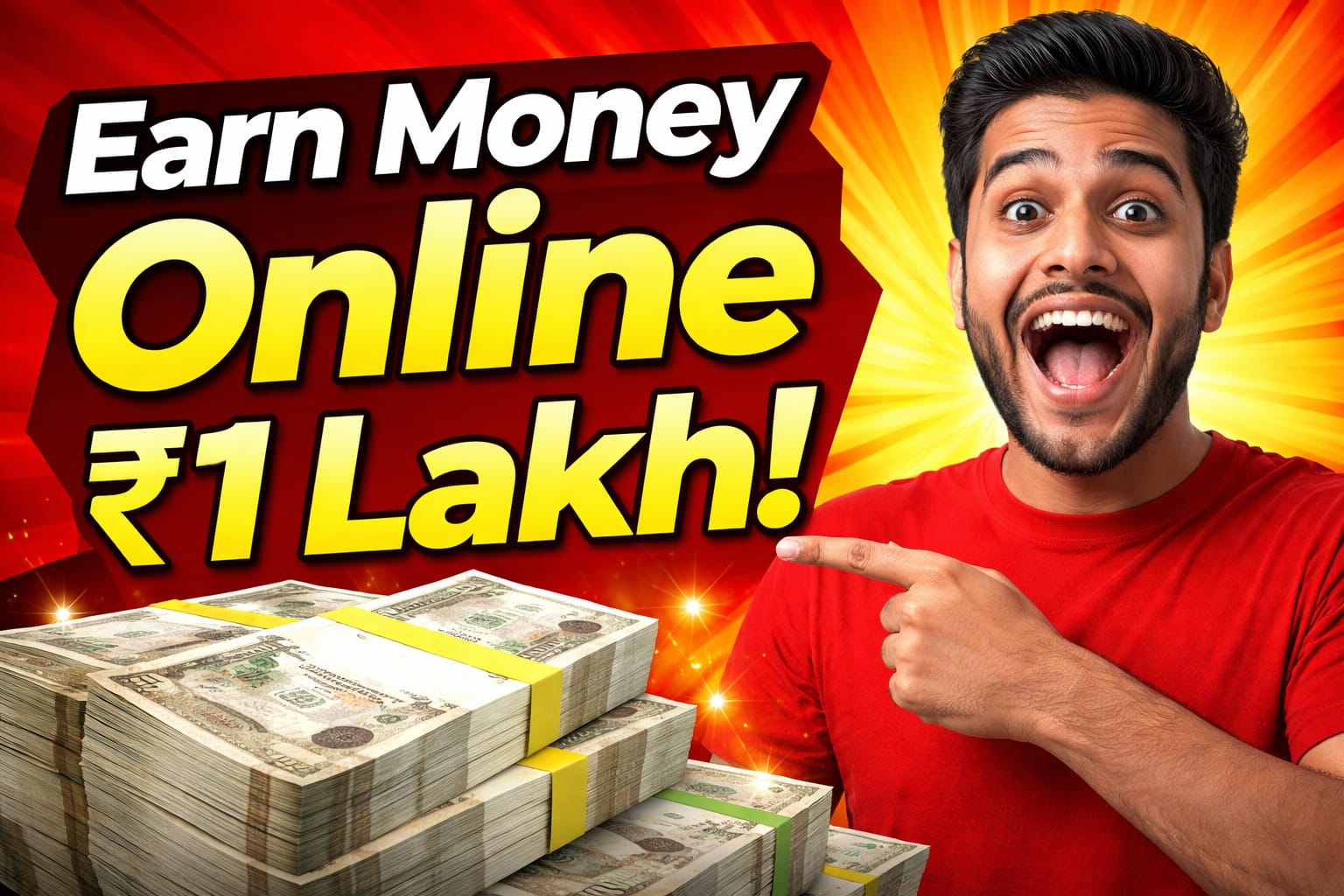 Earn money online ₹1 lakh thumbnail showing cash, laptop and digital income concept