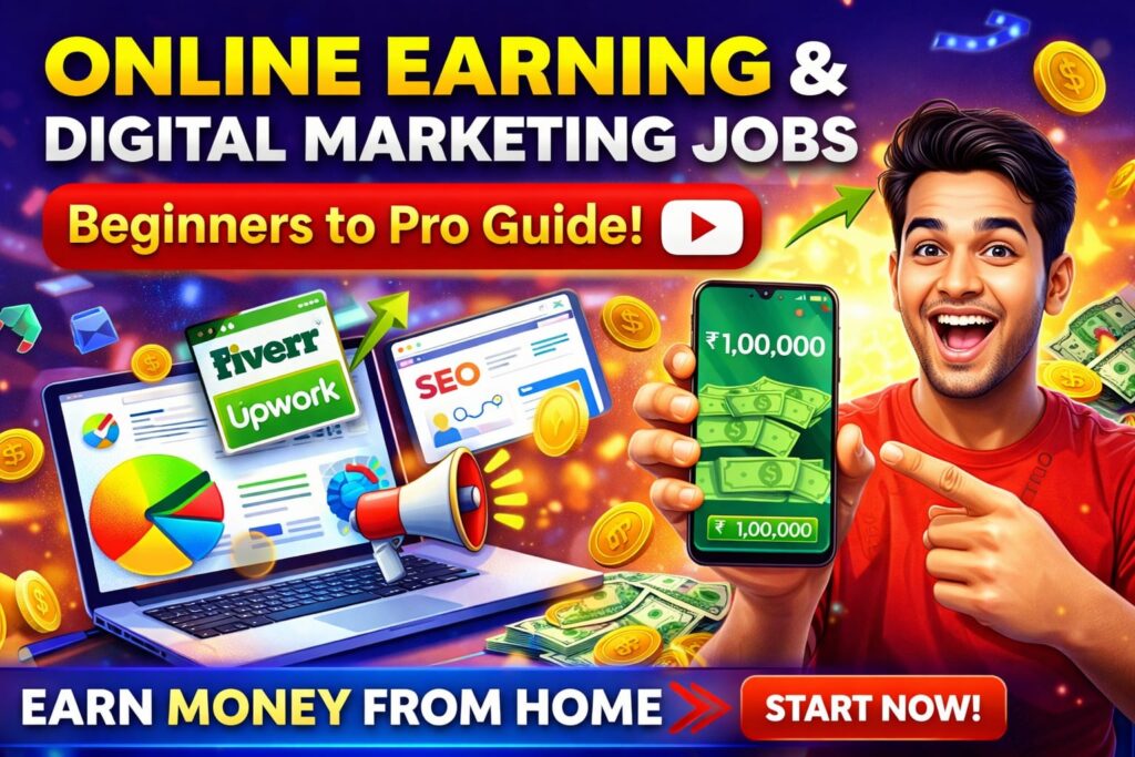 Online earning and digital marketing jobs thumbnail showing freelancing, SEO, and earning money from home