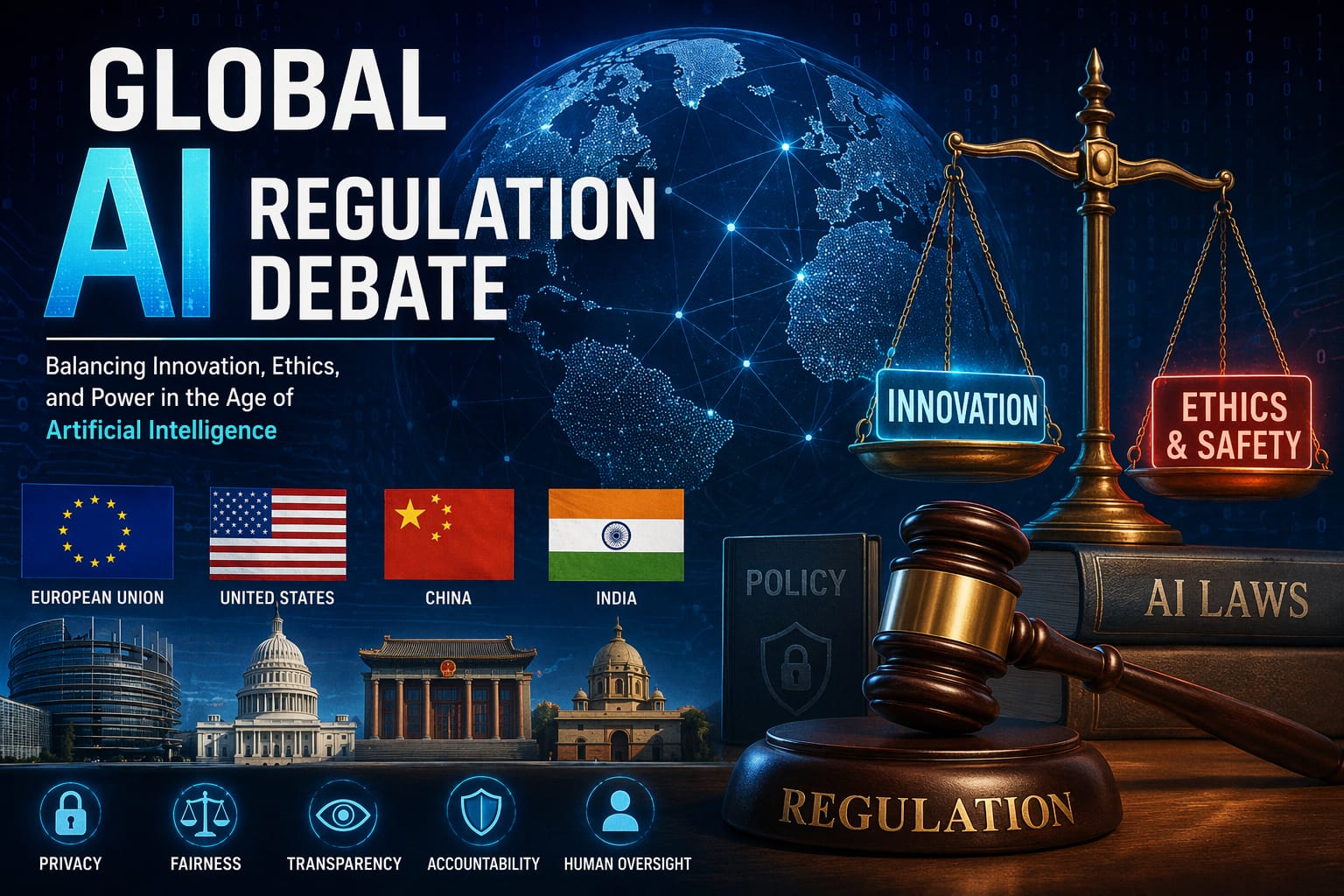 Global AI Regulation Debate illustration showing balance between innovation and ethics in artificial